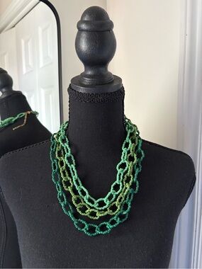 Layered Green Beaded Link Necklace - Designer Style